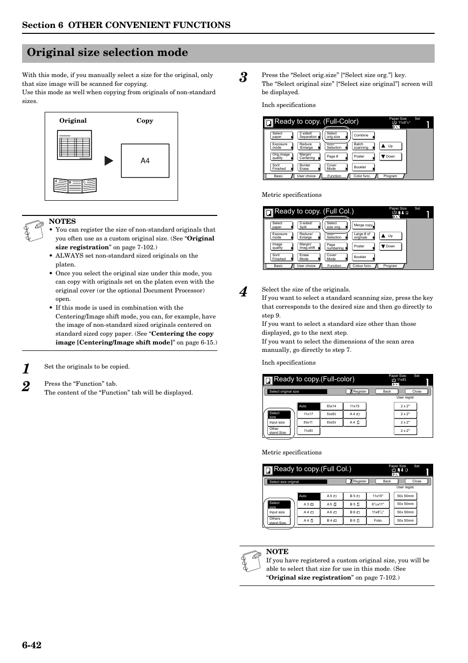 Original size selection mode, Original size selection mode -42, Ready to copy. (full-color) | Ready to copy. (full col.), Ready to copy.(full-color), Ready to copy.(full col.), Set the originals to be copied, Original copy | TA Triumph-Adler DCC 2526 User Manual | Page 90 / 311