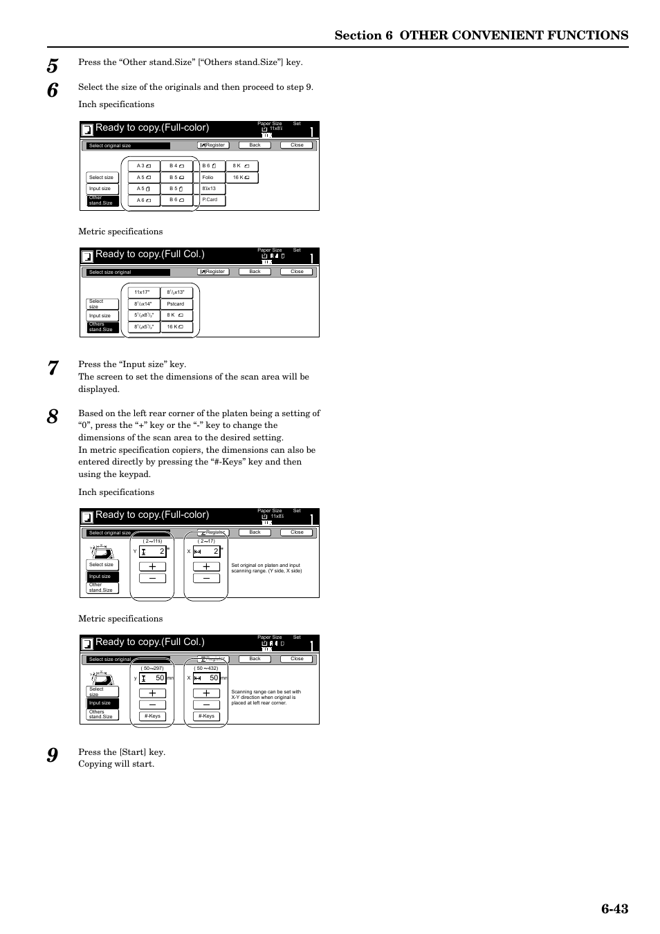 Ready to copy.(full-color), Ready to copy.(full col.), Press the [start] key. copying will start | TA Triumph-Adler DCC 2526 User Manual | Page 91 / 311