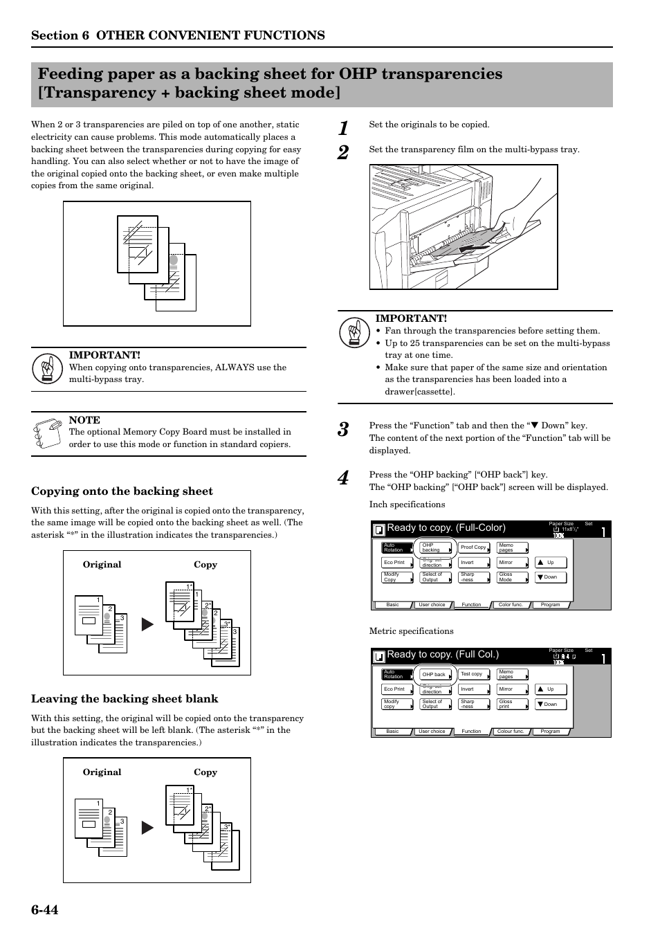 Copying onto the backing sheet, Leaving the backing sheet blank, Important | Ready to copy. (full-color), Ready to copy. (full col.) | TA Triumph-Adler DCC 2526 User Manual | Page 92 / 311