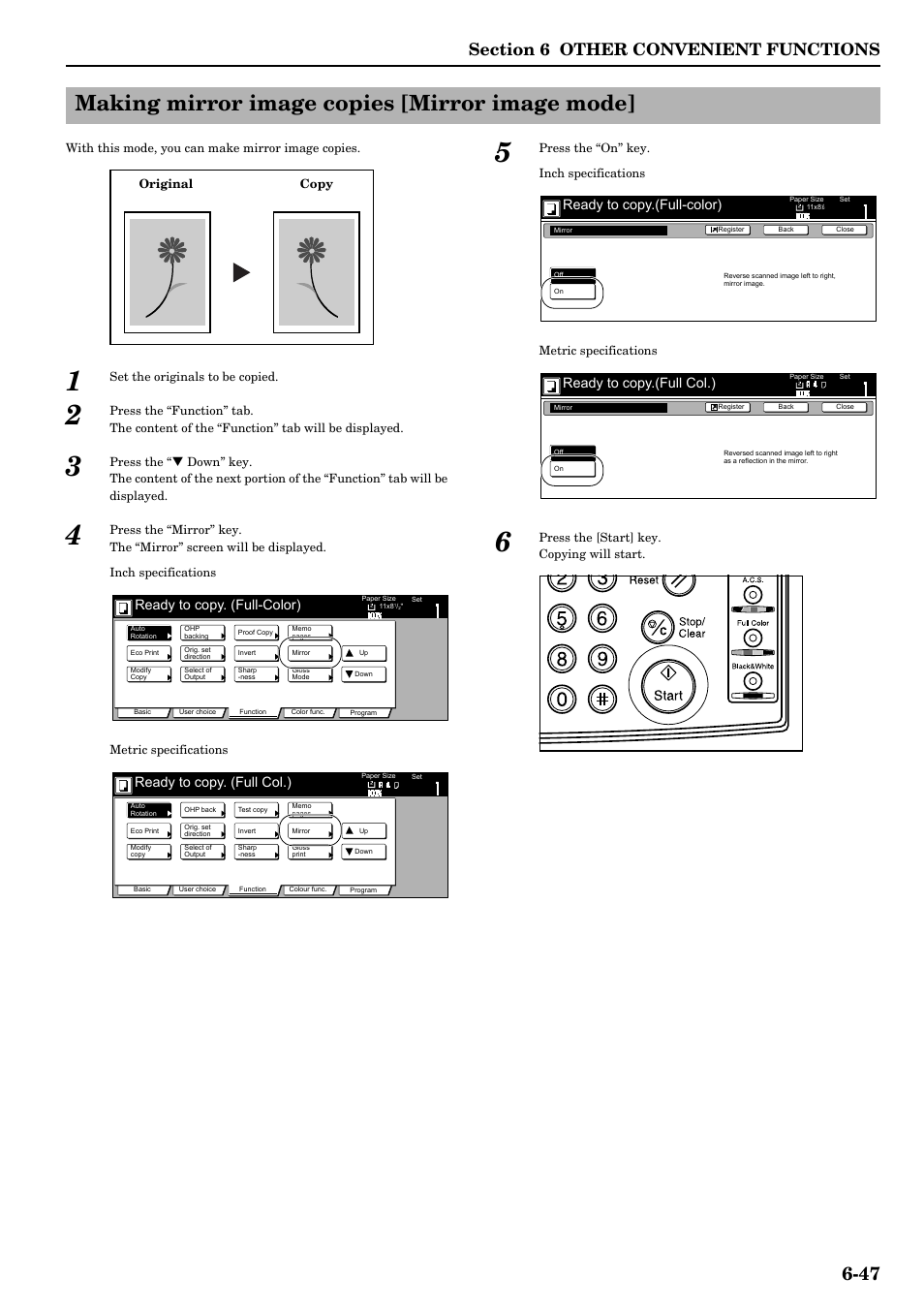 Making mirror image copies [mirror image mode, Making mirror image copies [mirror image mode] -47, Ready to copy. (full-color) | Ready to copy. (full col.), Ready to copy.(full-color), Ready to copy.(full col.) | TA Triumph-Adler DCC 2526 User Manual | Page 95 / 311