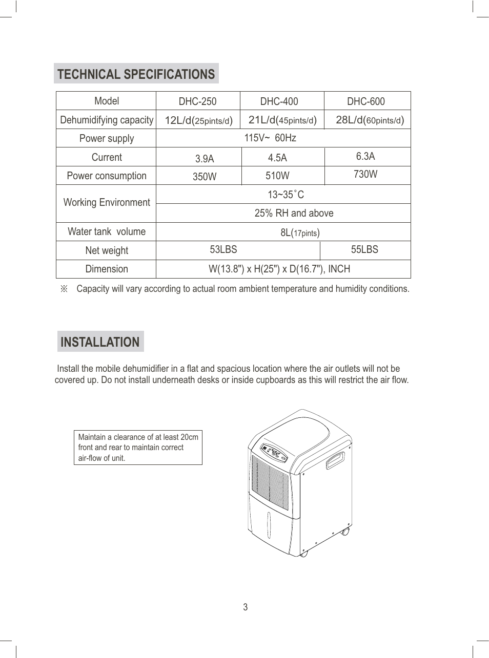 Technical specifications, Installation | Daewoo DHC-600 User Manual | Page 5 / 10