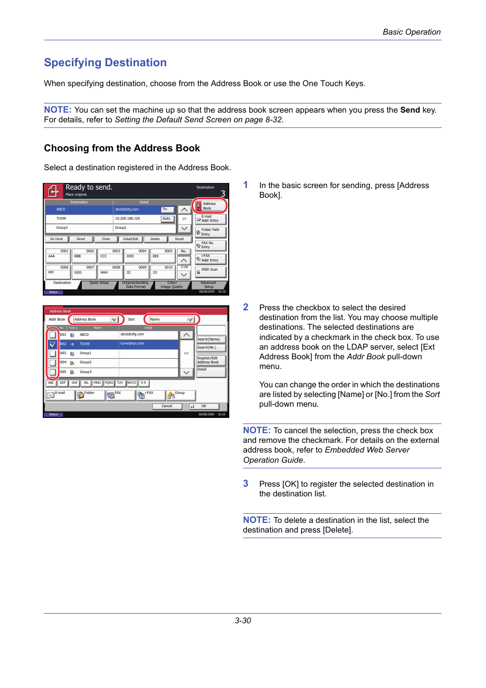 Specifying destination, Choosing from the address book, Specifying destination -30 | Basic operation 3-30, Ready to send | TA Triumph-Adler DCC 2725 User Manual | Page 102 / 436