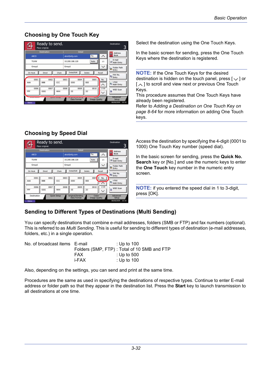 Choosing by one touch key, Choosing by speed dial, Sending to different types of | Basic operation 3-32, Ready to send | TA Triumph-Adler DCC 2725 User Manual | Page 104 / 436