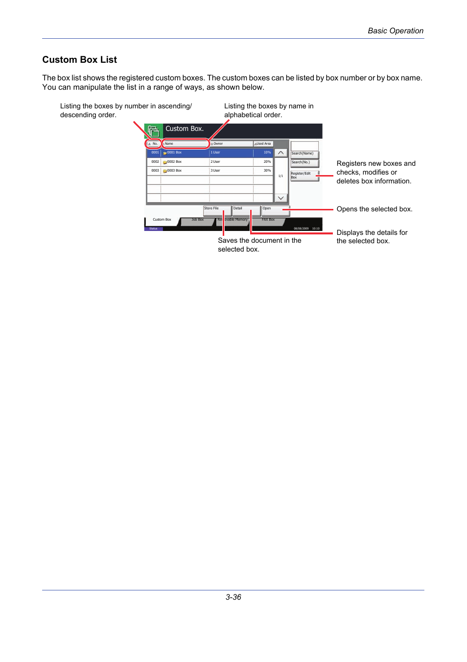 Custom box list, Basic operation 3-36, Custom box | TA Triumph-Adler DCC 2725 User Manual | Page 108 / 436