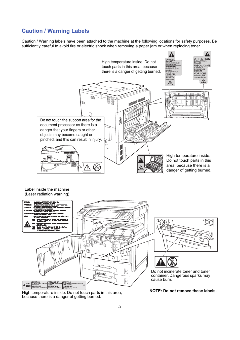 Caution / warning labels | TA Triumph-Adler DCC 2725 User Manual | Page 11 / 436
