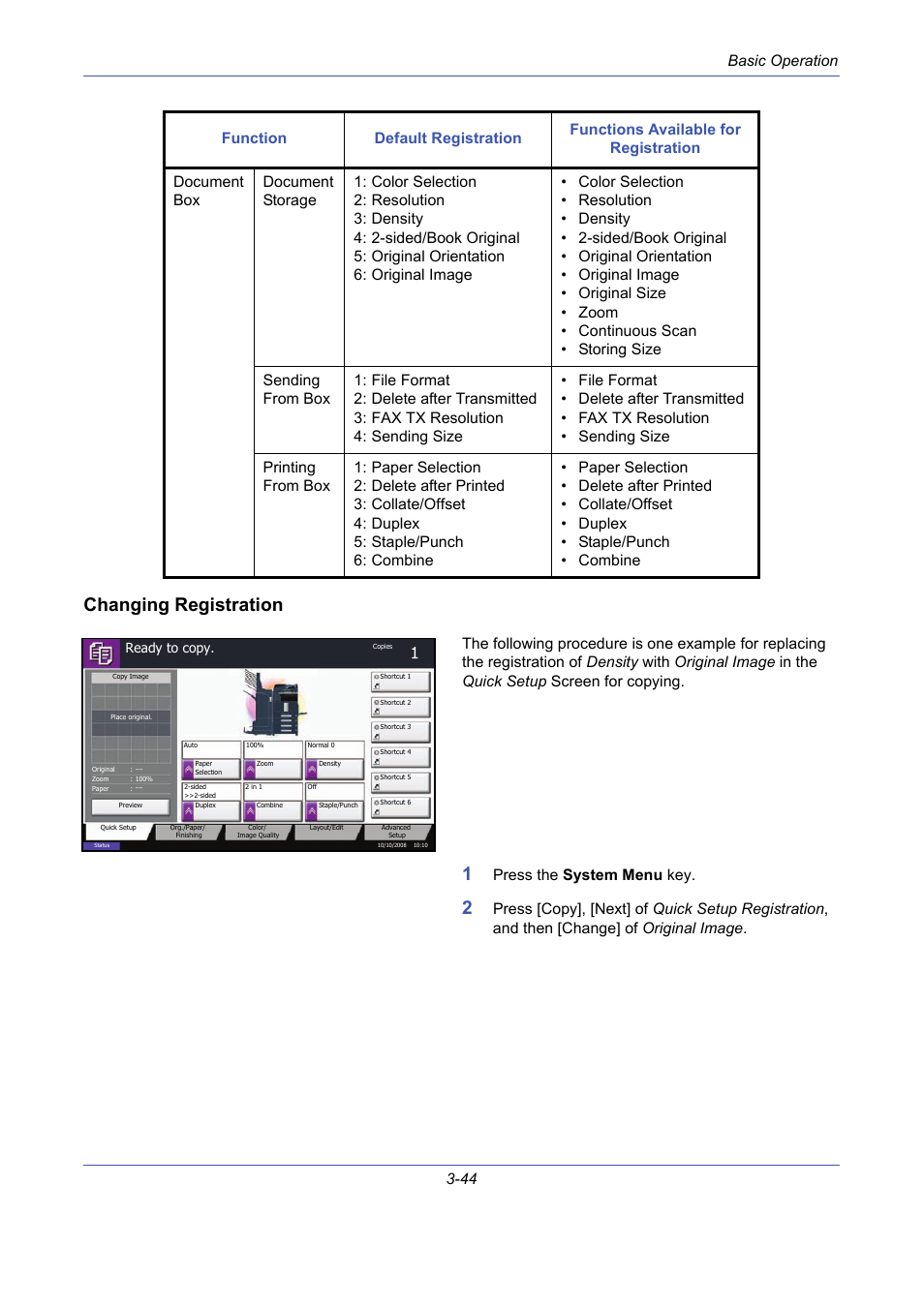 Changing registration, Basic operation 3-44, Press the system menu key | TA Triumph-Adler DCC 2725 User Manual | Page 116 / 436