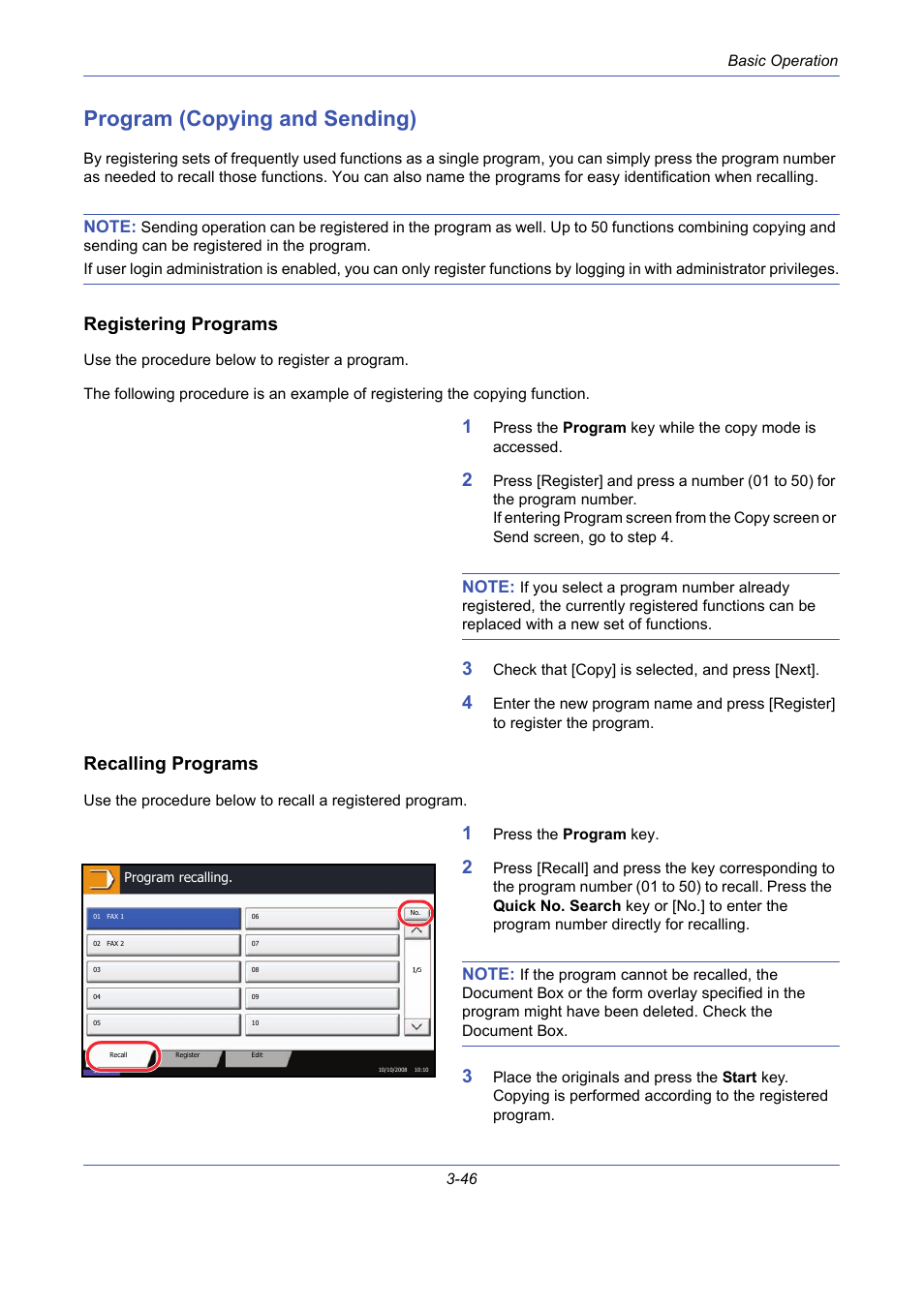 Program (copying and sending), Registering programs, Recalling programs | Program (copying and sending) -46 | TA Triumph-Adler DCC 2725 User Manual | Page 118 / 436