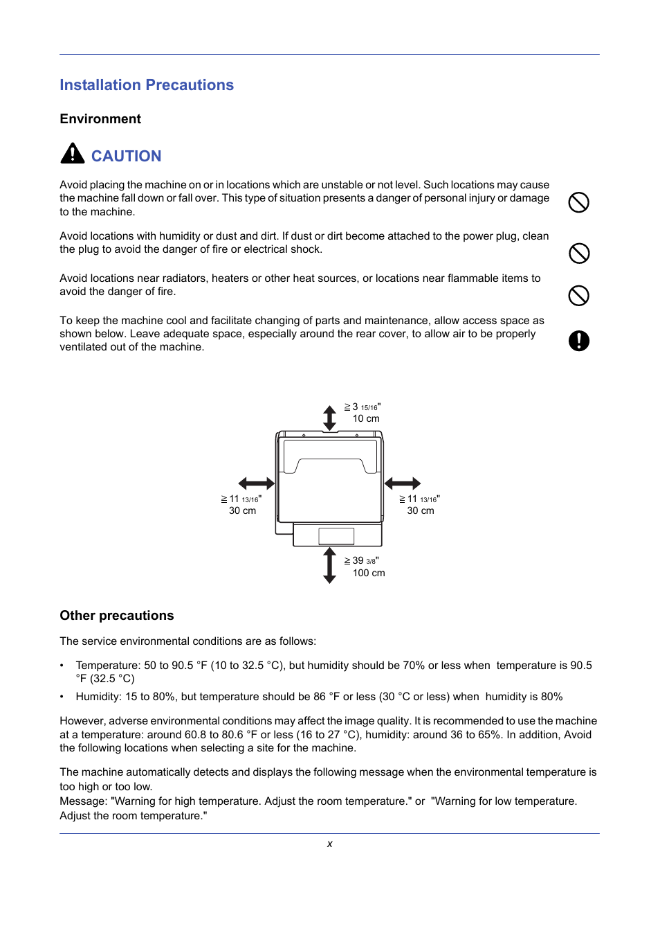 Installation precautions, Environment, Other precautions | Caution | TA Triumph-Adler DCC 2725 User Manual | Page 12 / 436