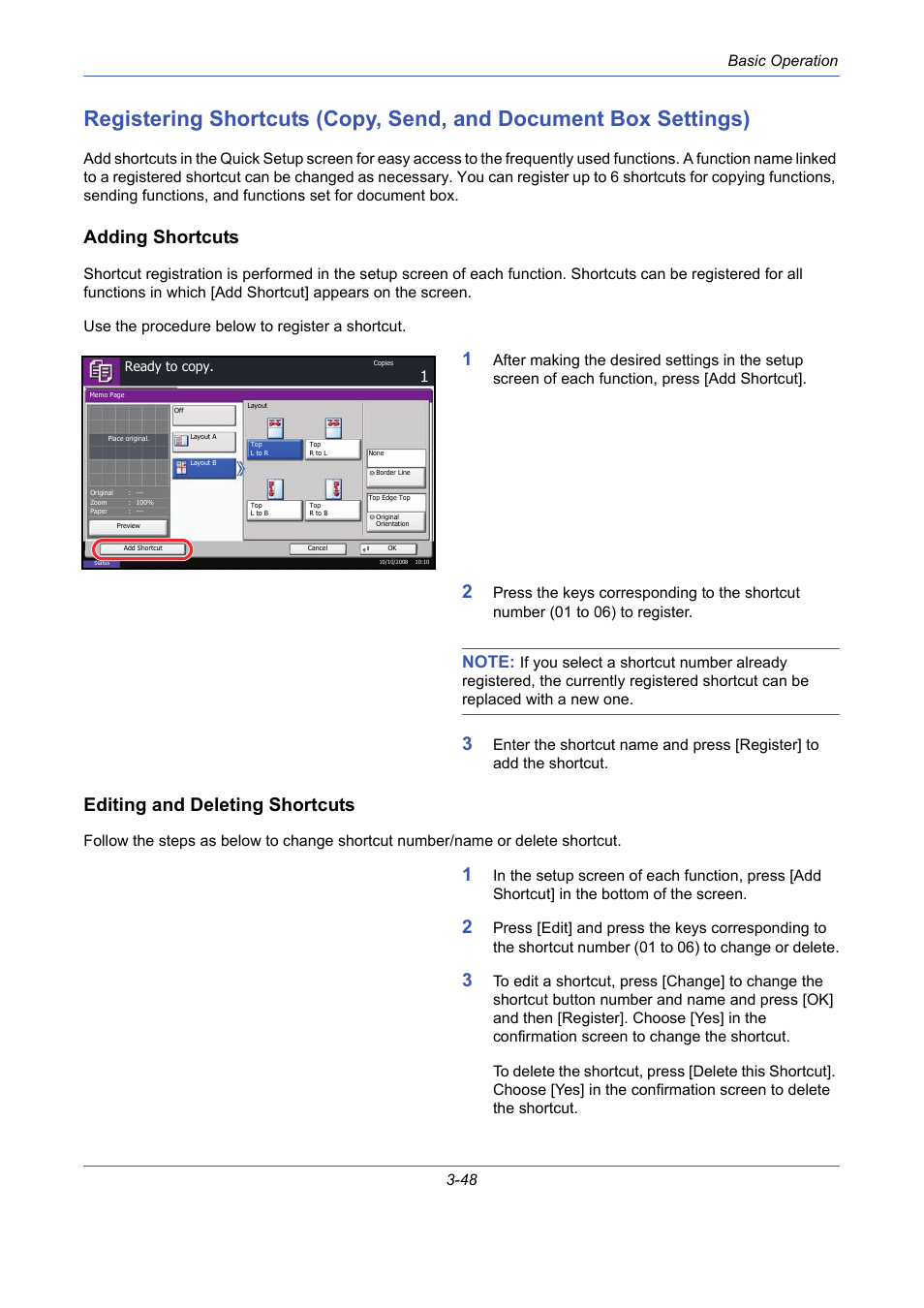 Adding shortcuts, Editing and deleting shortcuts, Basic operation 3-48 | TA Triumph-Adler DCC 2725 User Manual | Page 120 / 436