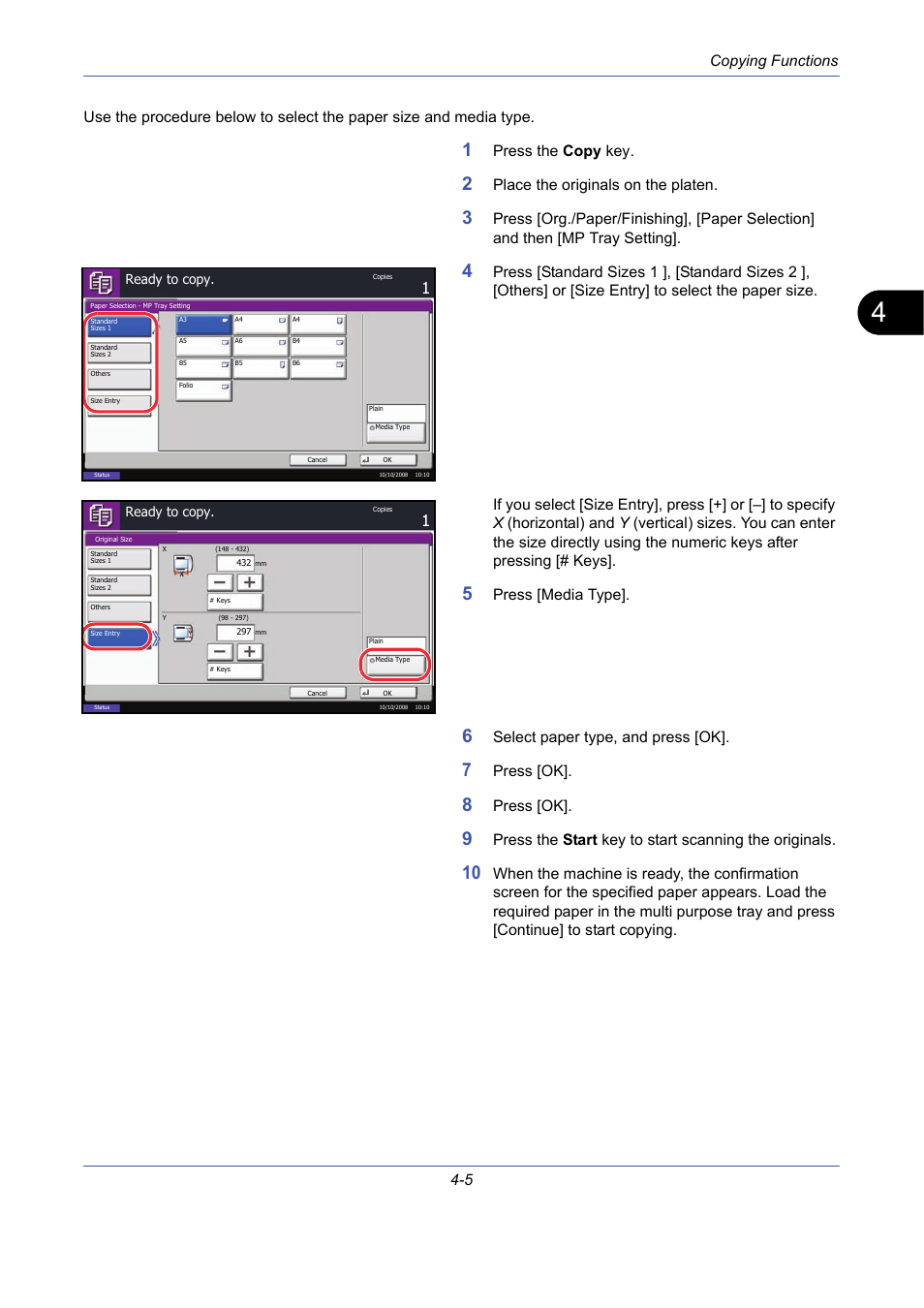 Copying functions 4-5, Press the copy key, Place the originals on the platen | Press [media type, Select paper type, and press [ok, Press [ok | TA Triumph-Adler DCC 2725 User Manual | Page 127 / 436