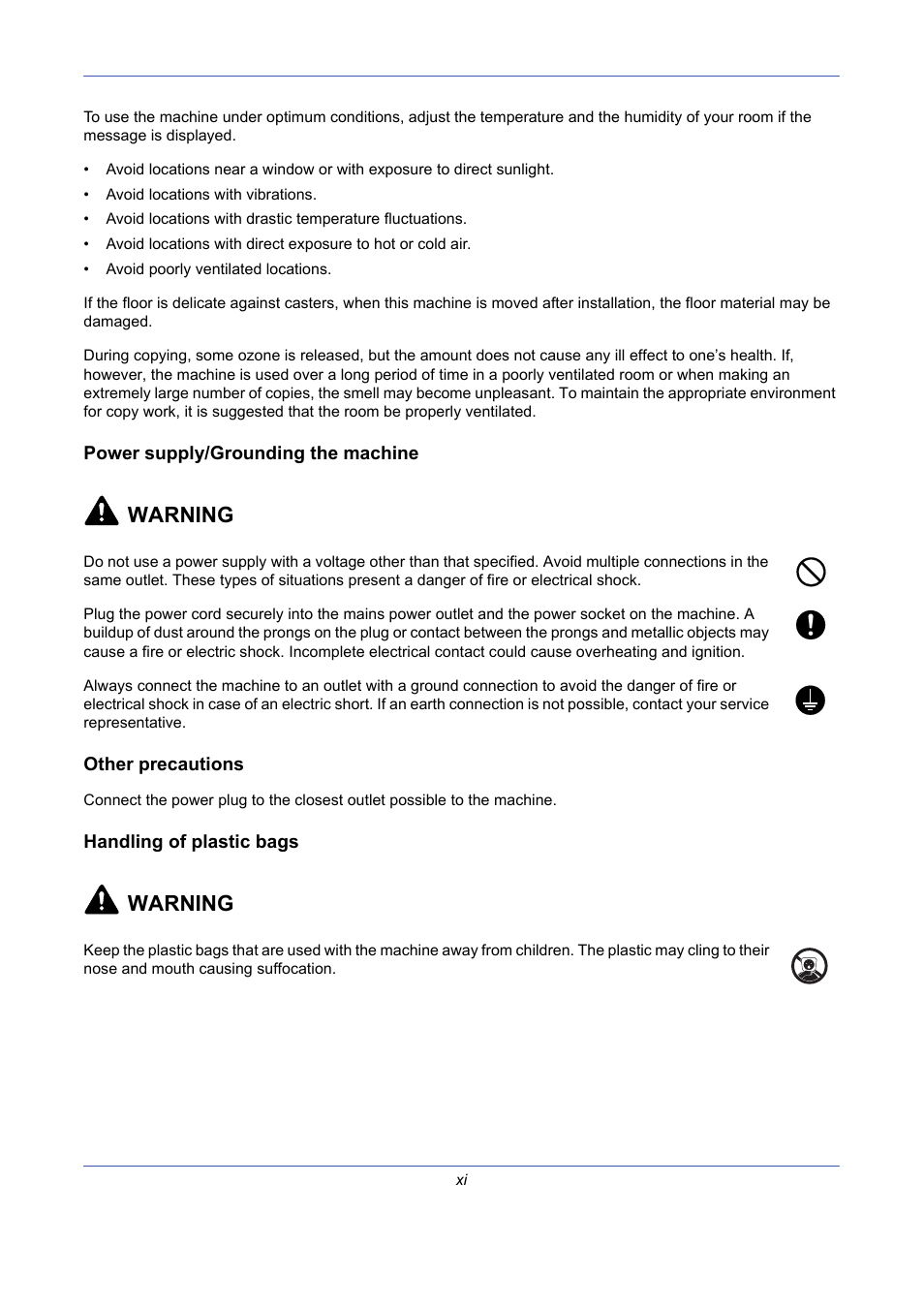 Power supply/grounding the machine, Other precautions, Handling of plastic bags | Warning | TA Triumph-Adler DCC 2725 User Manual | Page 13 / 436