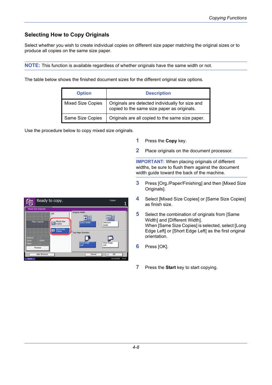 Selecting how to copy originals | TA Triumph-Adler DCC 2725 User Manual | Page 130 / 436