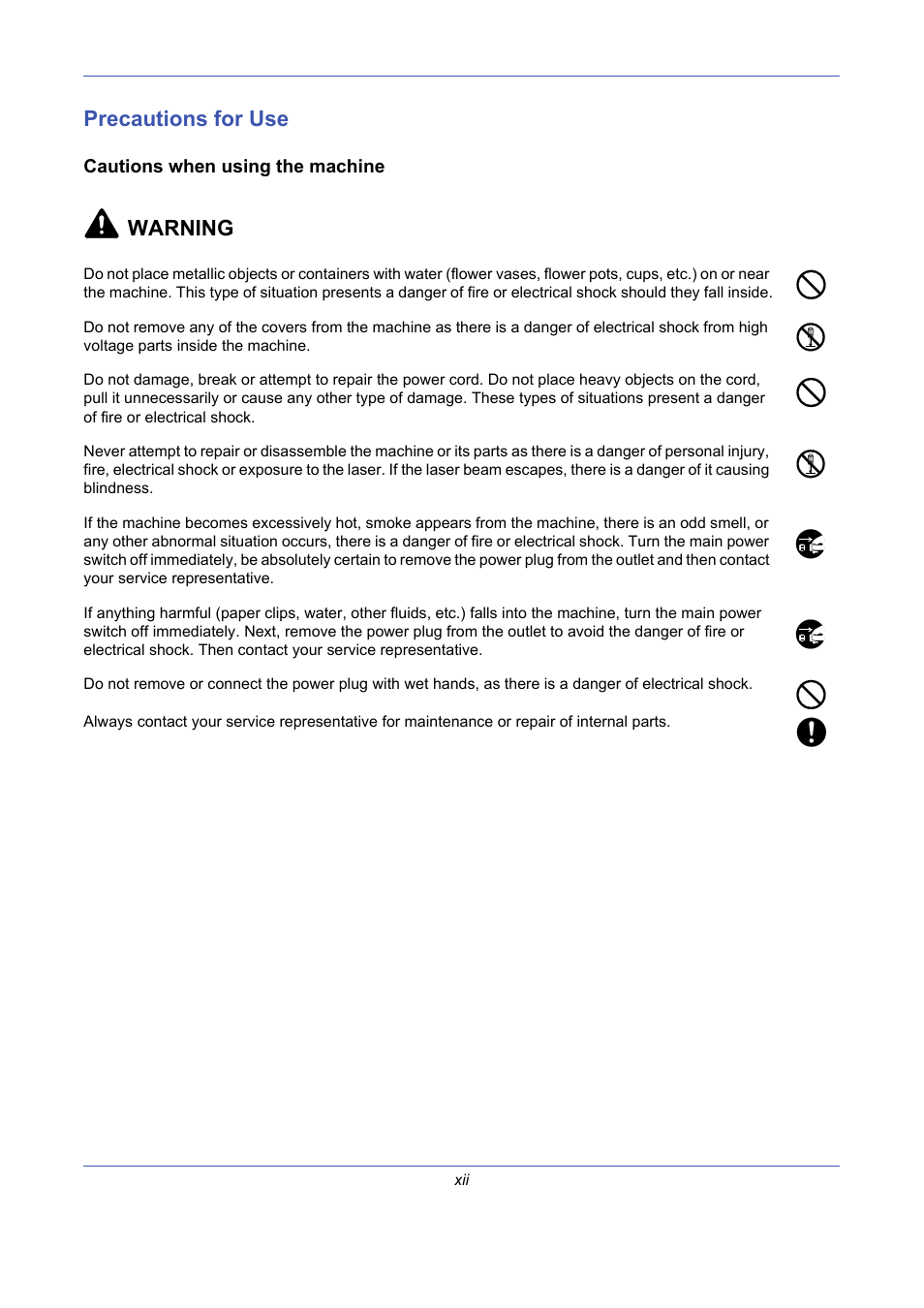 Precautions for use, Cautions when using the machine, Be sure to read precautions for use | Warning | TA Triumph-Adler DCC 2725 User Manual | Page 14 / 436