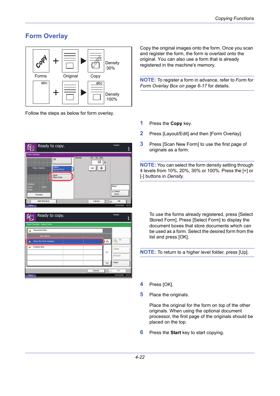 Form overlay, Form overlay -22, Copying functions 4-22 | Press the copy key, Press [layout/edit] and then [form overlay, Press [ok, Press the start key to start copying | TA Triumph-Adler DCC 2725 User Manual | Page 144 / 436