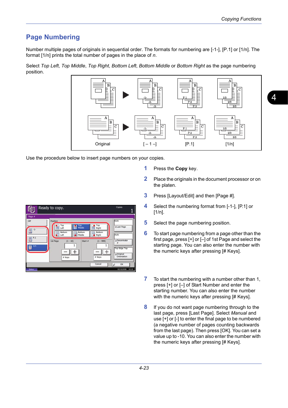 Page numbering, Copying functions 4-23, Press the copy key | Press [layout/edit] and then [page, Select the page numbering position | TA Triumph-Adler DCC 2725 User Manual | Page 145 / 436