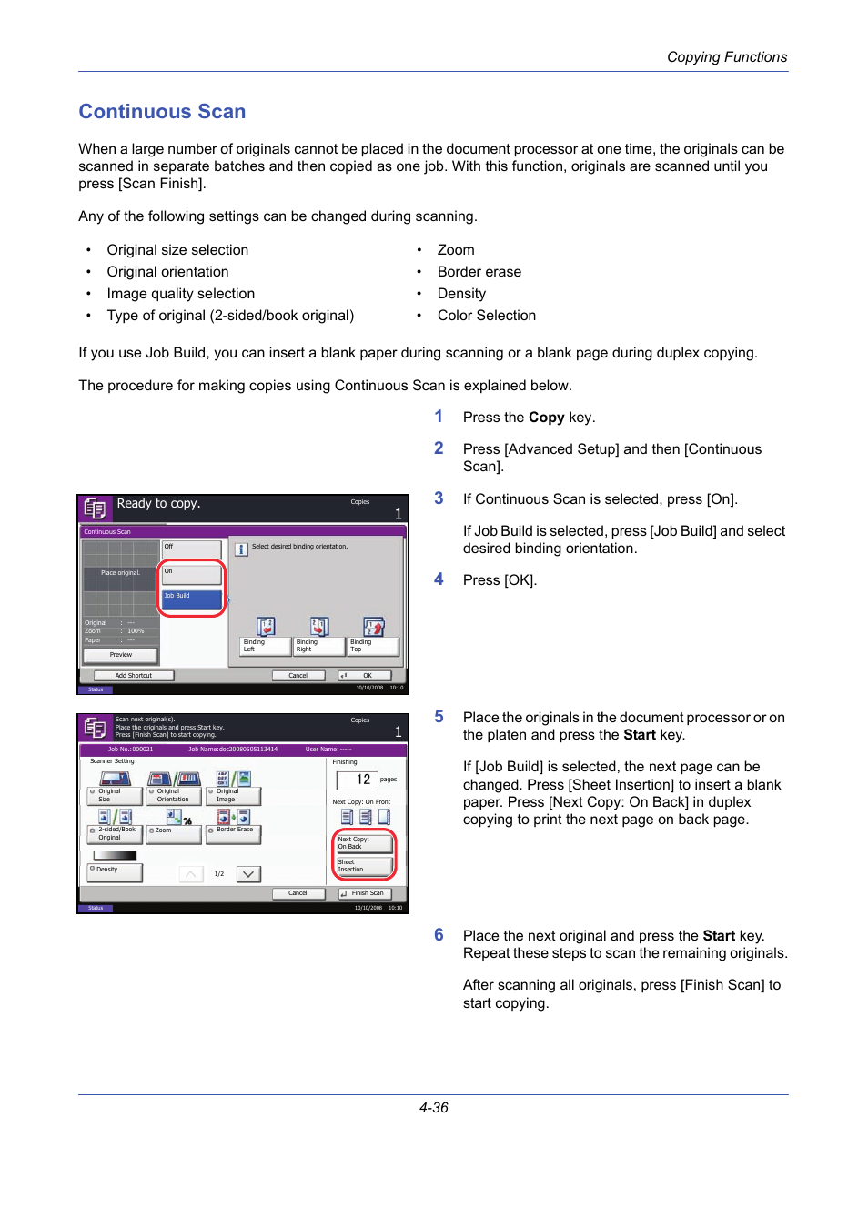 Continuous scan, Continuous scan -36, Copying functions 4-36 | Press the copy key, Press [advanced setup] and then [continuous scan, Press [ok | TA Triumph-Adler DCC 2725 User Manual | Page 158 / 436