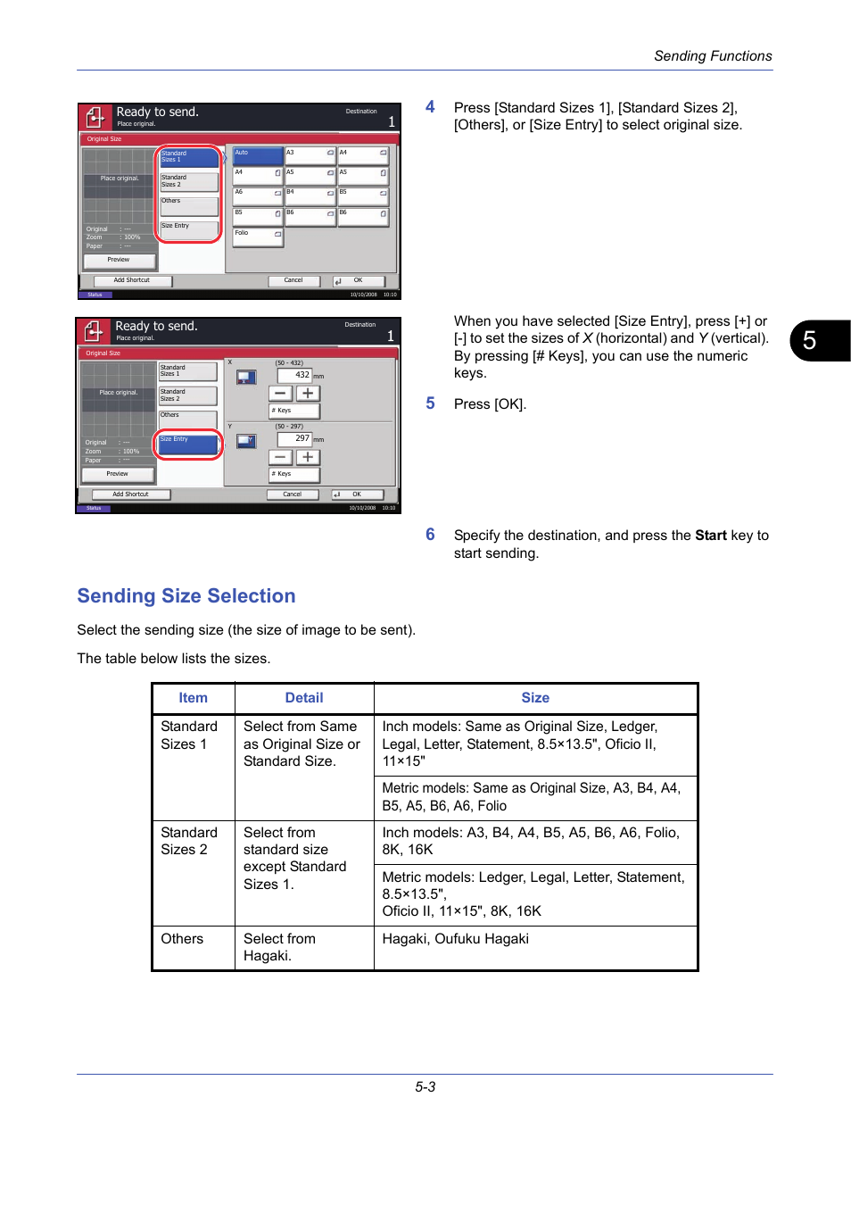 Sending size selection, Sending size selection -3, Sending functions 5-3 | Press [ok | TA Triumph-Adler DCC 2725 User Manual | Page 171 / 436