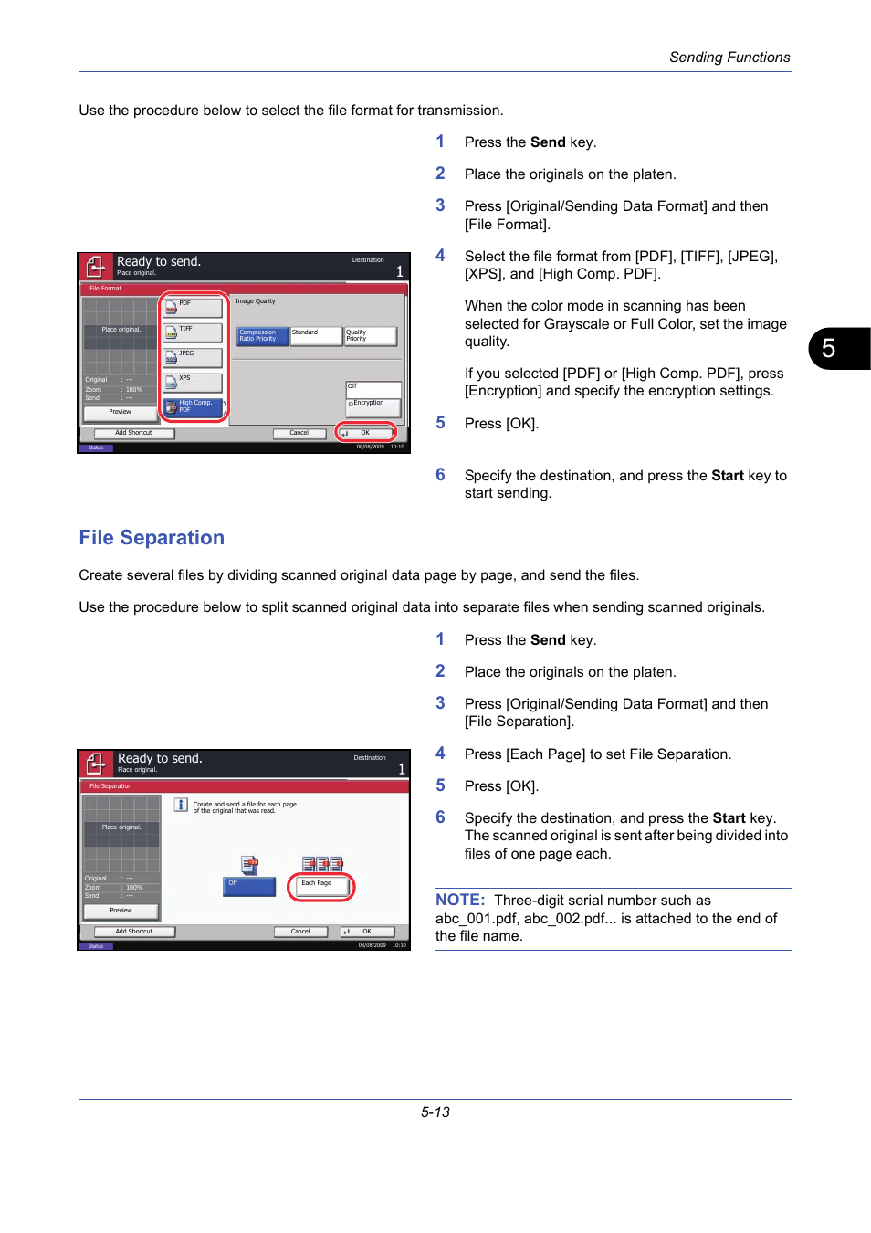 File separation, File separation -13, Sending functions 5-13 | Press the send key, Place the originals on the platen, Press [ok, Press [each page] to set file separation | TA Triumph-Adler DCC 2725 User Manual | Page 181 / 436