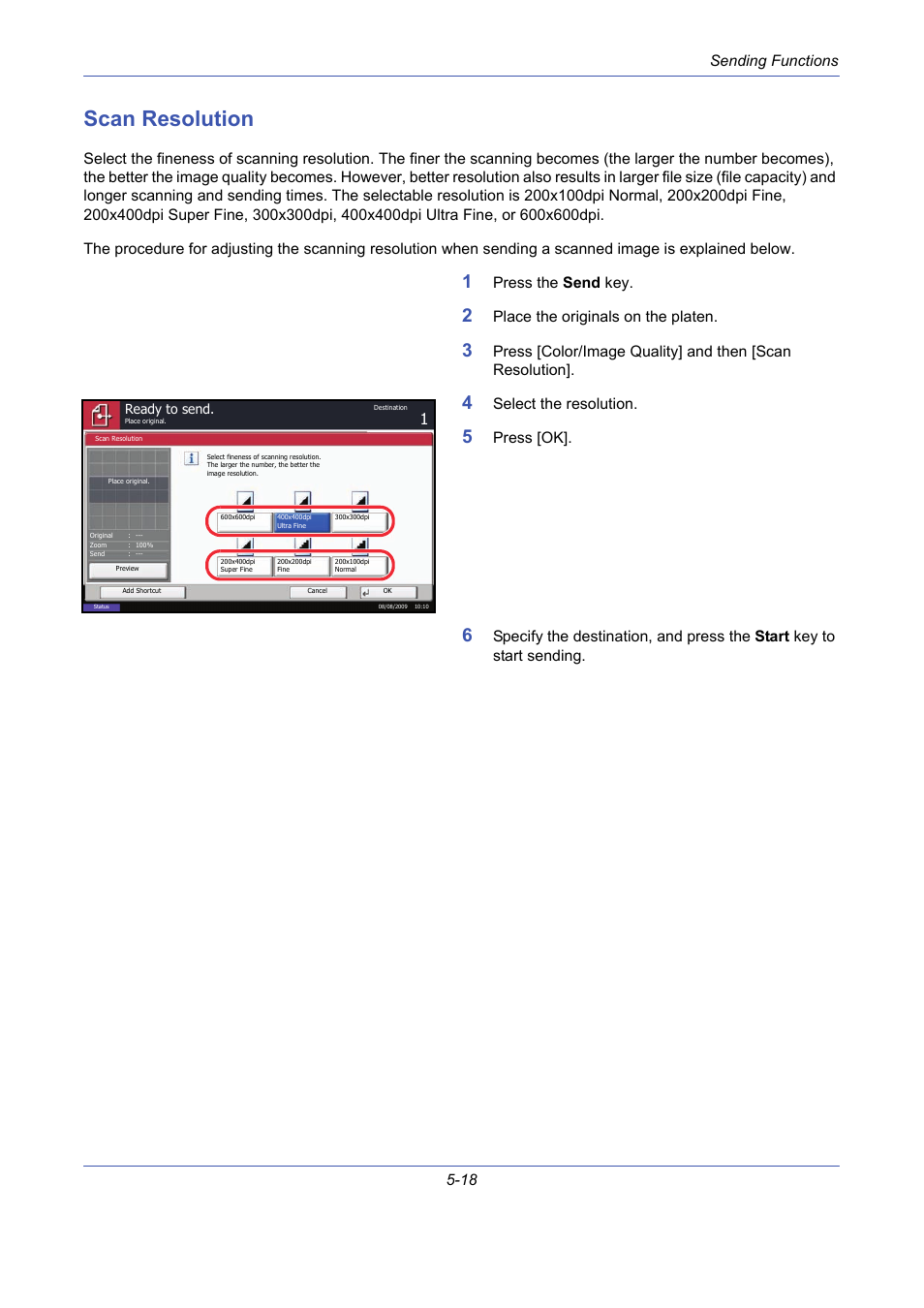 Scan resolution, Scan resolution -18, Sending functions 5-18 | Press the send key, Place the originals on the platen, Select the resolution, Press [ok | TA Triumph-Adler DCC 2725 User Manual | Page 186 / 436