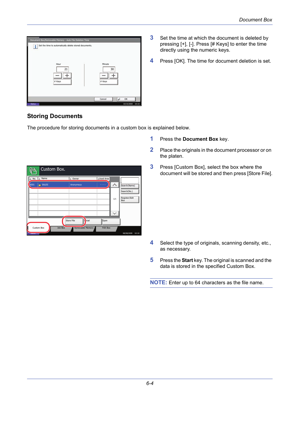 Storing documents, Document box 6-4, Press [ok]. the time for document deletion is set | Press the document box key, Enter up to 64 characters as the file name | TA Triumph-Adler DCC 2725 User Manual | Page 204 / 436