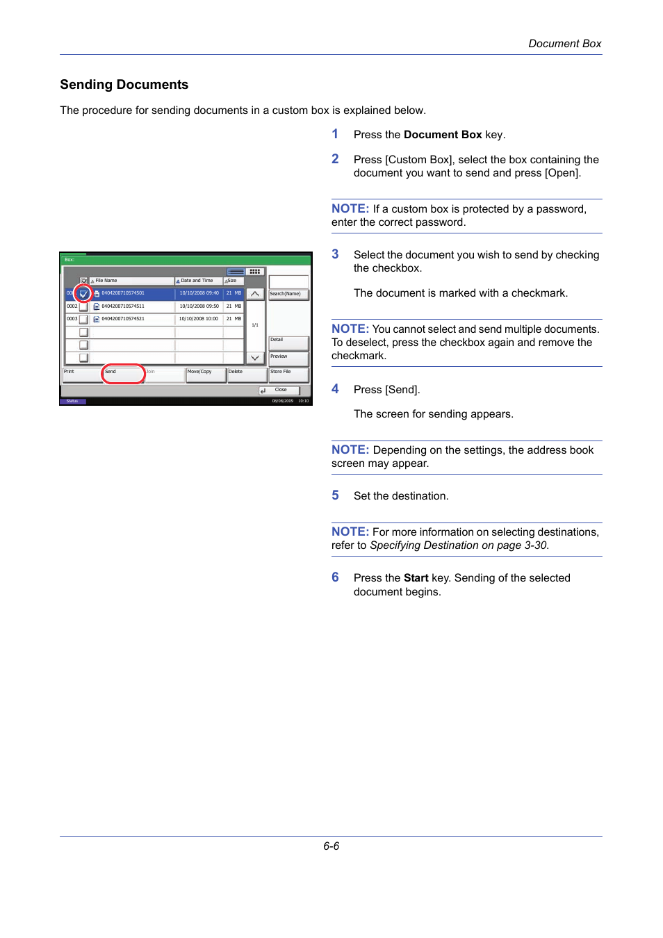 Sending documents, Document box 6-6, Press the document box key | Press [send]. the screen for sending appears, Set the destination | TA Triumph-Adler DCC 2725 User Manual | Page 206 / 436