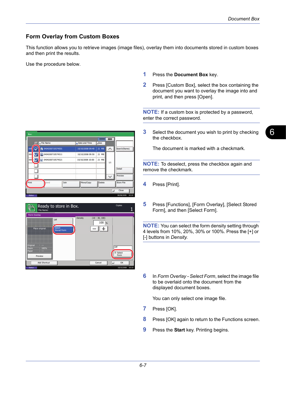 Form overlay from custom boxes, Document box 6-7, Press the document box key | Press [print, Press [ok, Press [ok] again to return to the functions screen, Press the start key. printing begins | TA Triumph-Adler DCC 2725 User Manual | Page 207 / 436