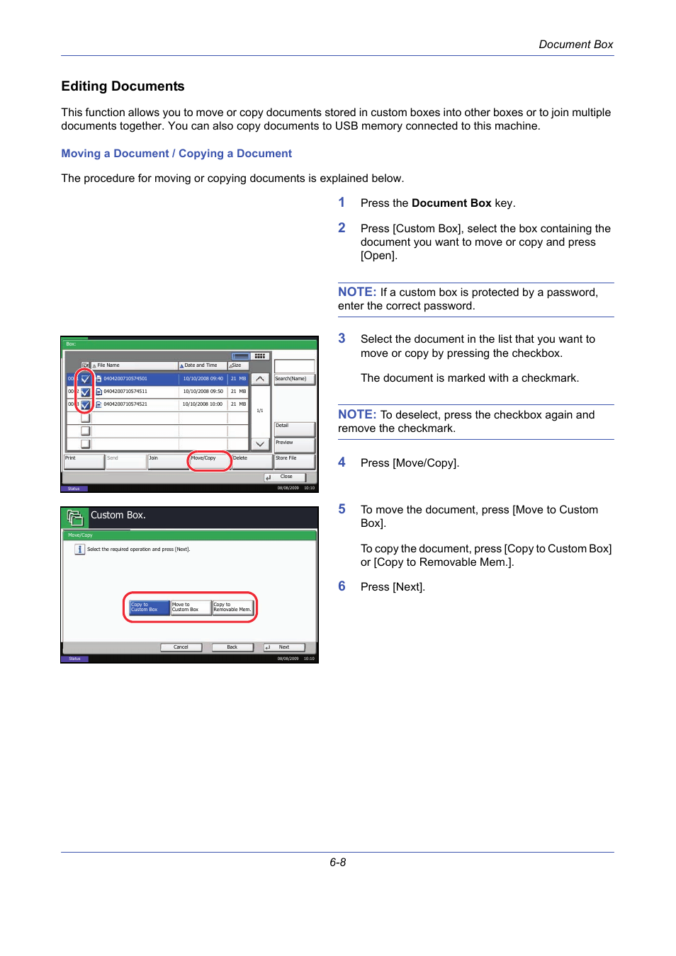 Editing documents, Document box 6-8, Press the document box key | Press [move/copy, Press [next | TA Triumph-Adler DCC 2725 User Manual | Page 208 / 436