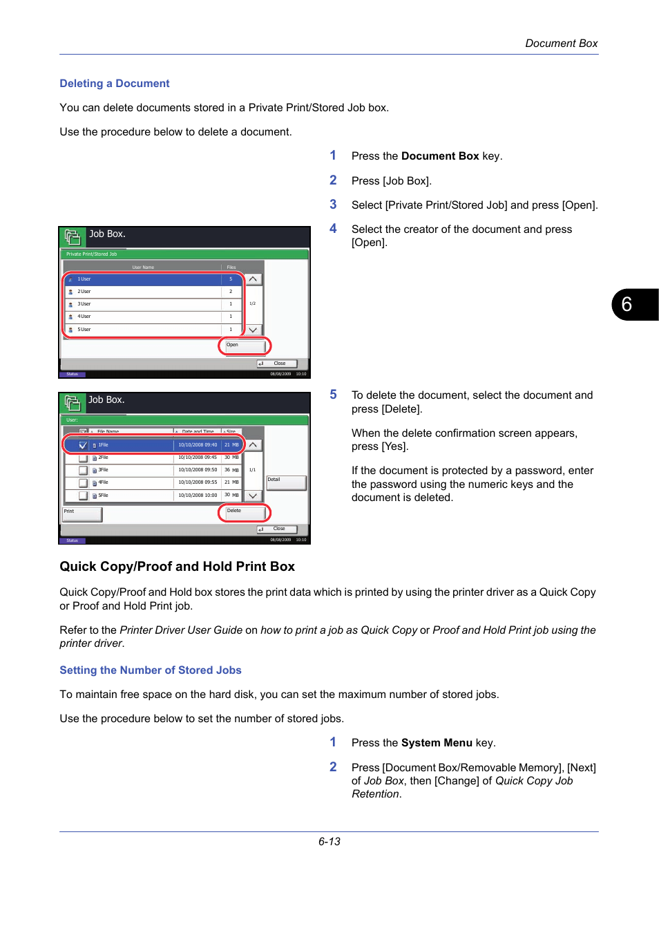 Quick copy/proof and hold print box, Document box 6-13, Press the document box key | Press [job box, Select [private print/stored job] and press [open, Select the creator of the document and press [open, Press the system menu key | TA Triumph-Adler DCC 2725 User Manual | Page 213 / 436