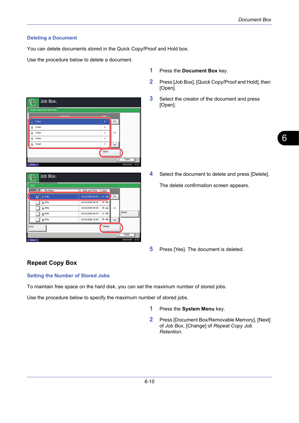 Repeat copy box, Document box 6-15, Press the document box key | Select the creator of the document and press [open, Press [yes]. the document is deleted, Press the system menu key | TA Triumph-Adler DCC 2725 User Manual | Page 215 / 436