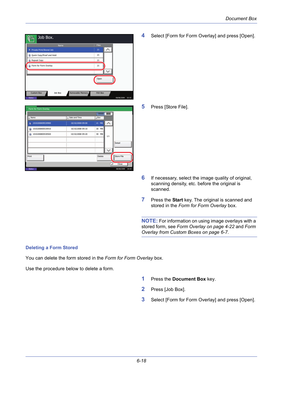 Document box 6-18, Select [form for form overlay] and press [open, Press [store file | Press the document box key, Press [job box | TA Triumph-Adler DCC 2725 User Manual | Page 218 / 436