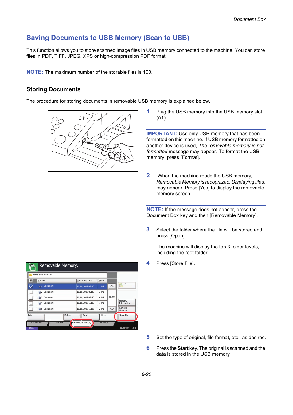 Saving documents to usb memory (scan to usb), Storing documents, Saving documents to usb memory (scan to usb) -22 | Saving documents, To usb memory, Scan to usb), Document box 6-22, The maximum number of the storable files is 100, Press [store file | TA Triumph-Adler DCC 2725 User Manual | Page 222 / 436