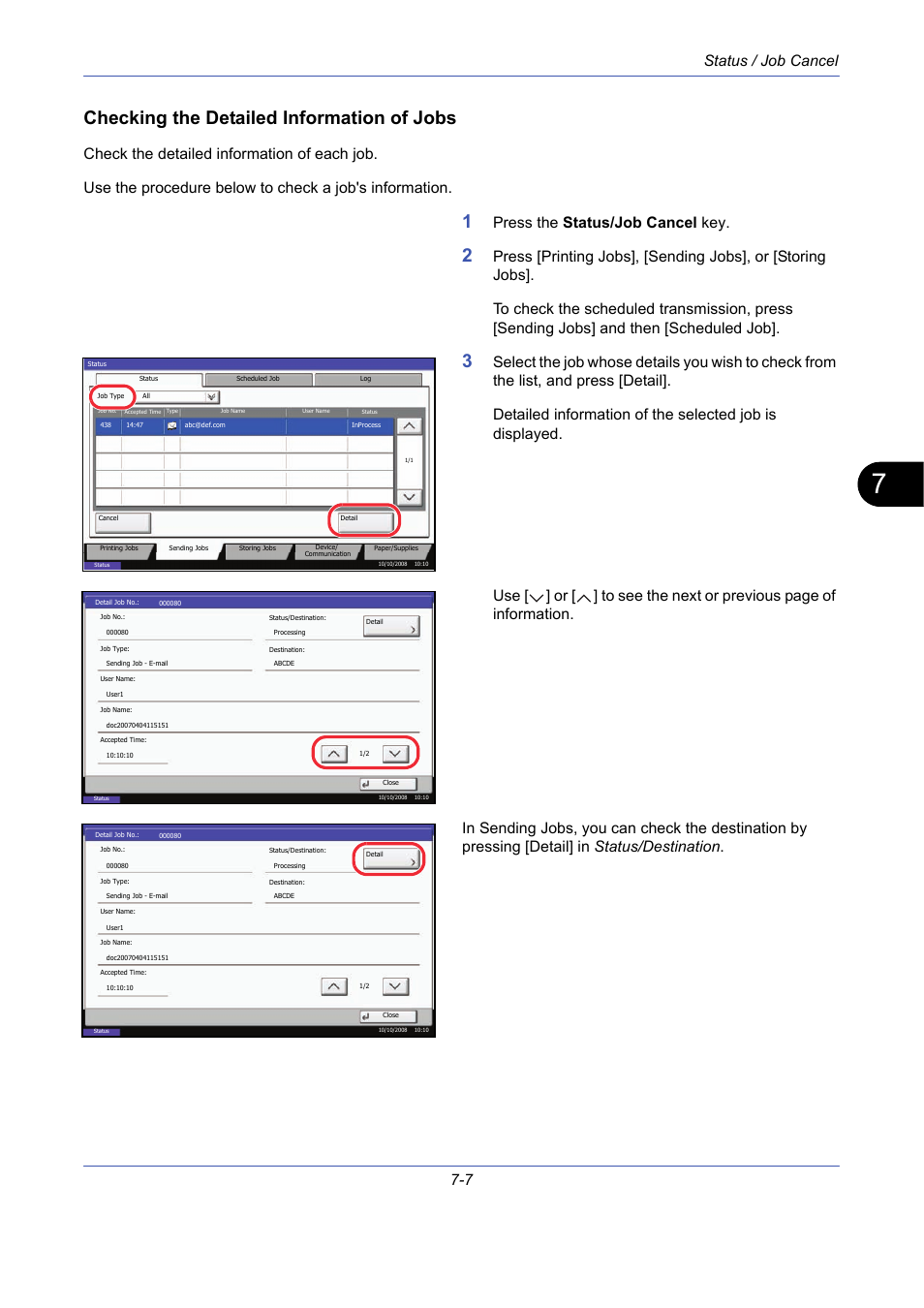 Checking the detailed information of jobs, Status / job cancel 7-7, Press the status/job cancel key | TA Triumph-Adler DCC 2725 User Manual | Page 229 / 436