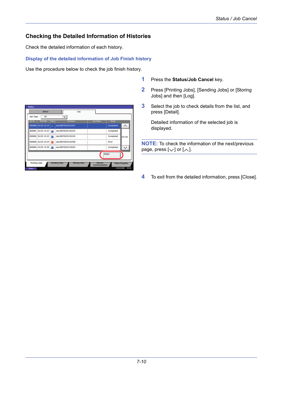 Checking the detailed information of histories, Status / job cancel 7-10, Press the status/job cancel key | TA Triumph-Adler DCC 2725 User Manual | Page 232 / 436