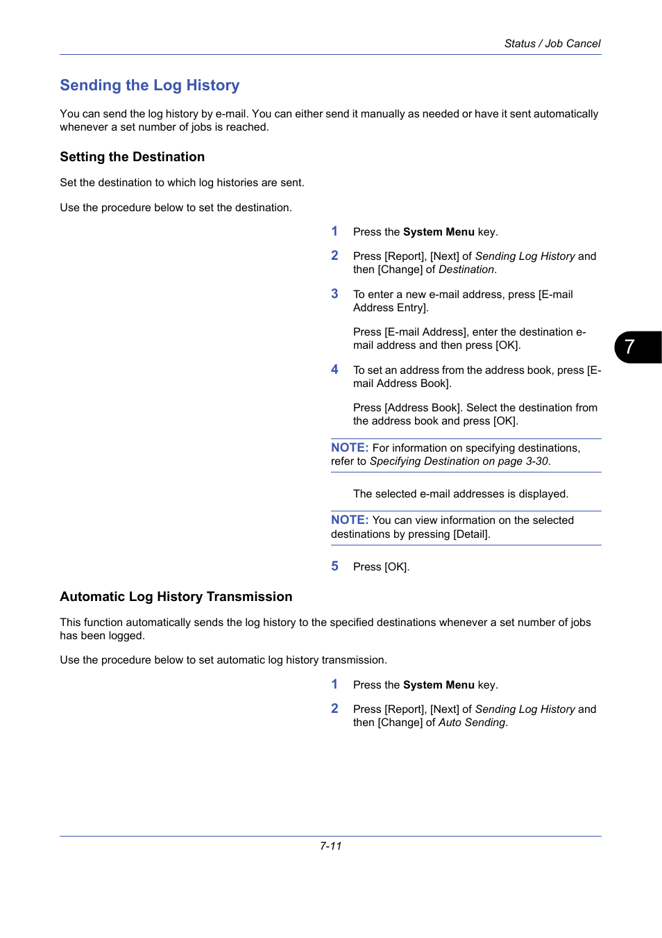 Sending the log history, Setting the destination, Automatic log history transmission | Sending the log history -11 | TA Triumph-Adler DCC 2725 User Manual | Page 233 / 436