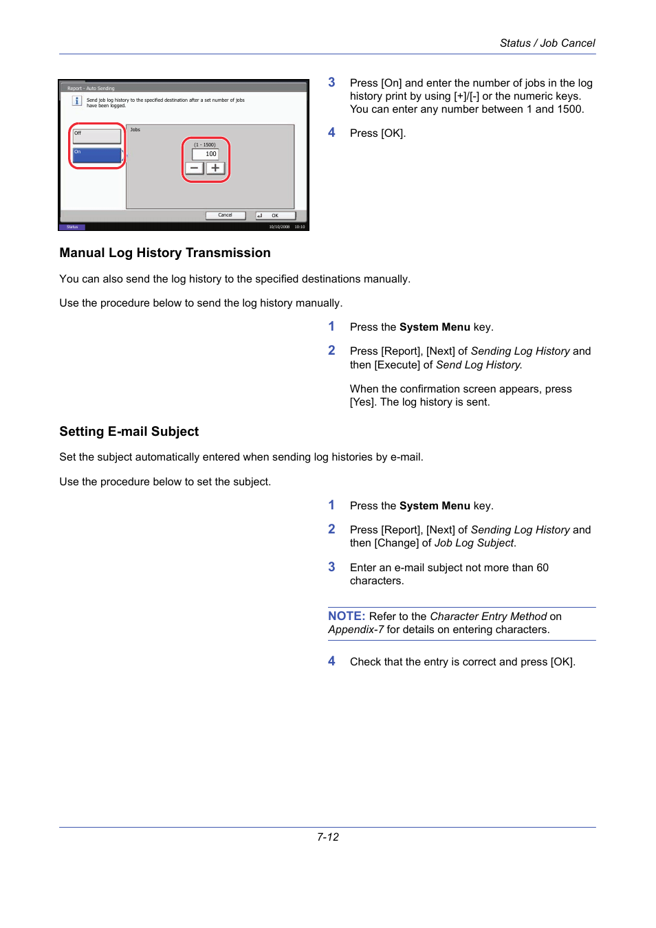 Manual log history transmission, Setting e-mail subject | TA Triumph-Adler DCC 2725 User Manual | Page 234 / 436