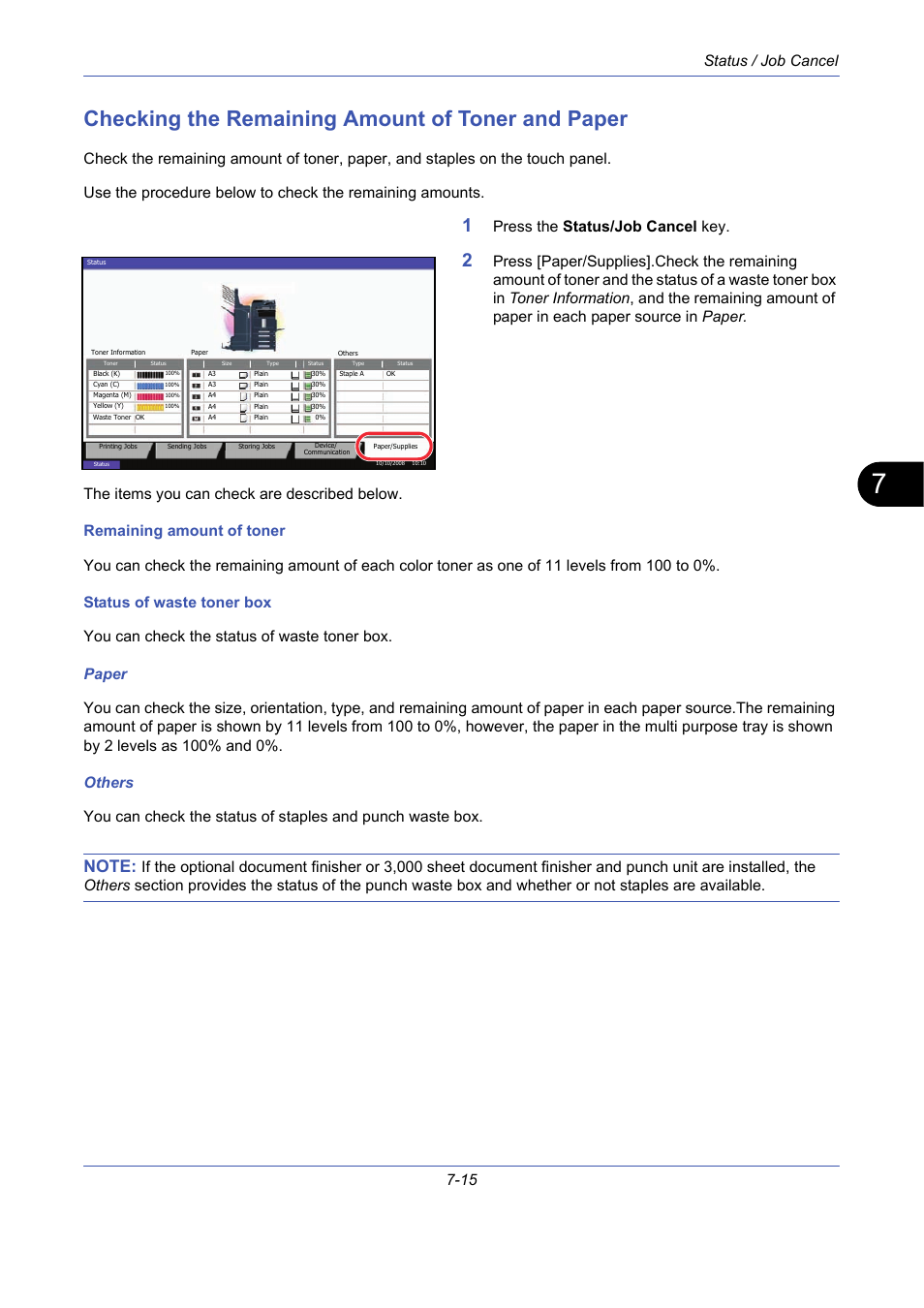 Checking the remaining amount of toner and paper, Status / job cancel 7-15, Press the status/job cancel key | TA Triumph-Adler DCC 2725 User Manual | Page 237 / 436