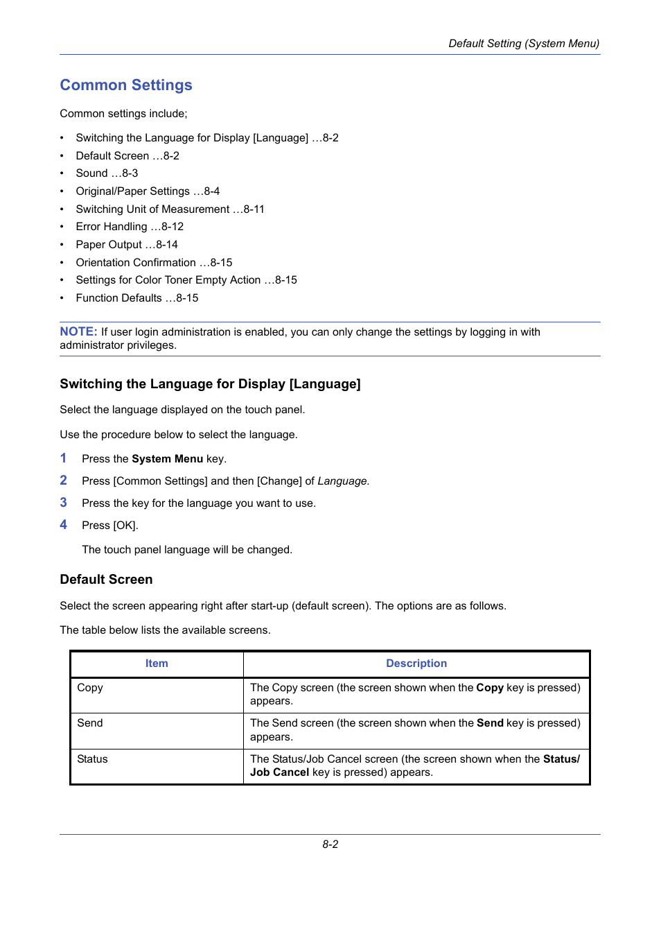 Common settings, Switching the language for display [language, Default screen | Common settings -2 | TA Triumph-Adler DCC 2725 User Manual | Page 242 / 436