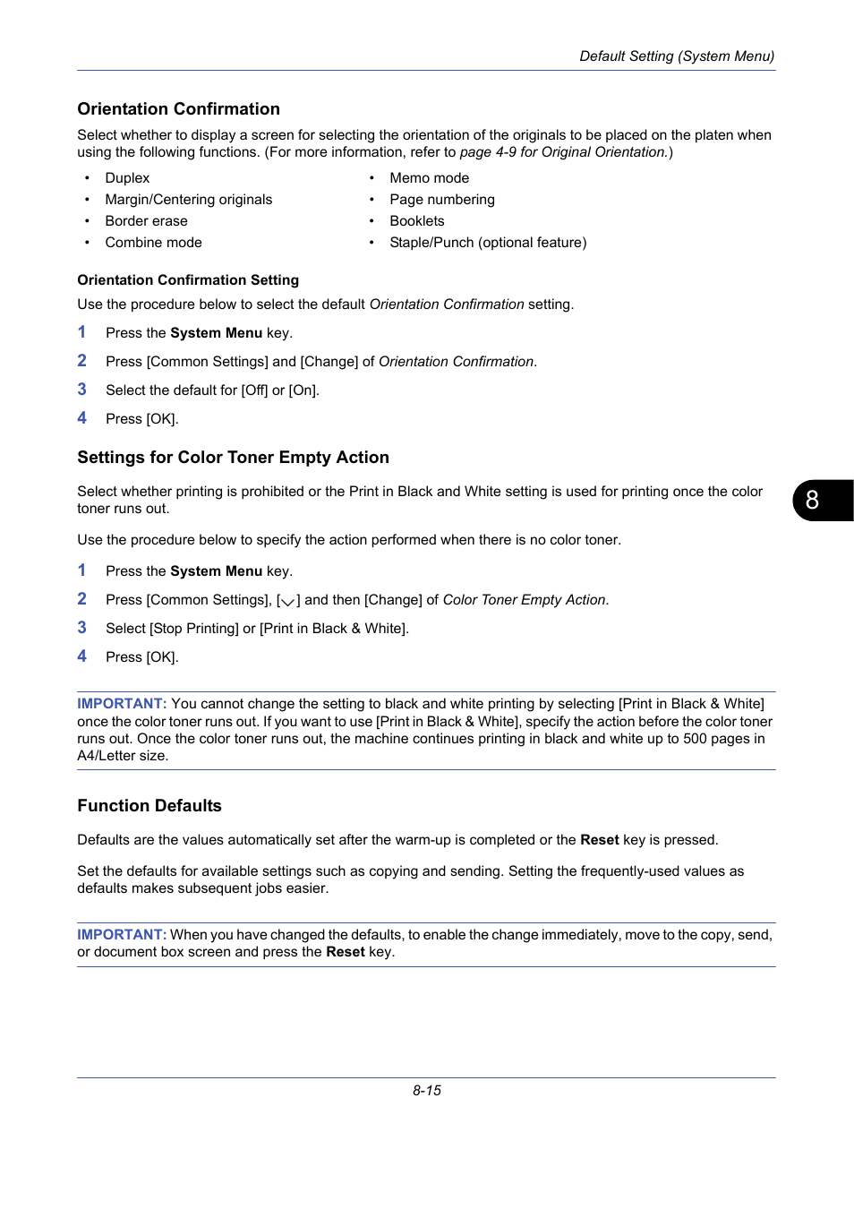 Orientation confirmation, Settings for color toner empty action, Function defaults | Orientation confirmation …8-15, Settings for color toner empty action …8-15 | TA Triumph-Adler DCC 2725 User Manual | Page 255 / 436