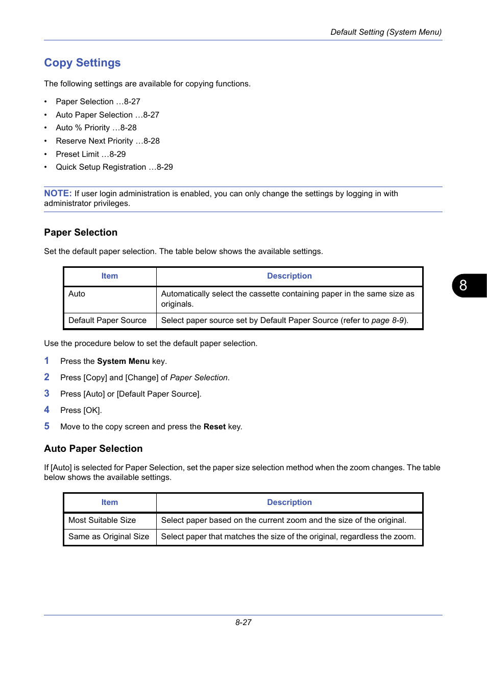 Copy settings, Paper selection, Auto paper selection | Copy settings -27 | TA Triumph-Adler DCC 2725 User Manual | Page 267 / 436