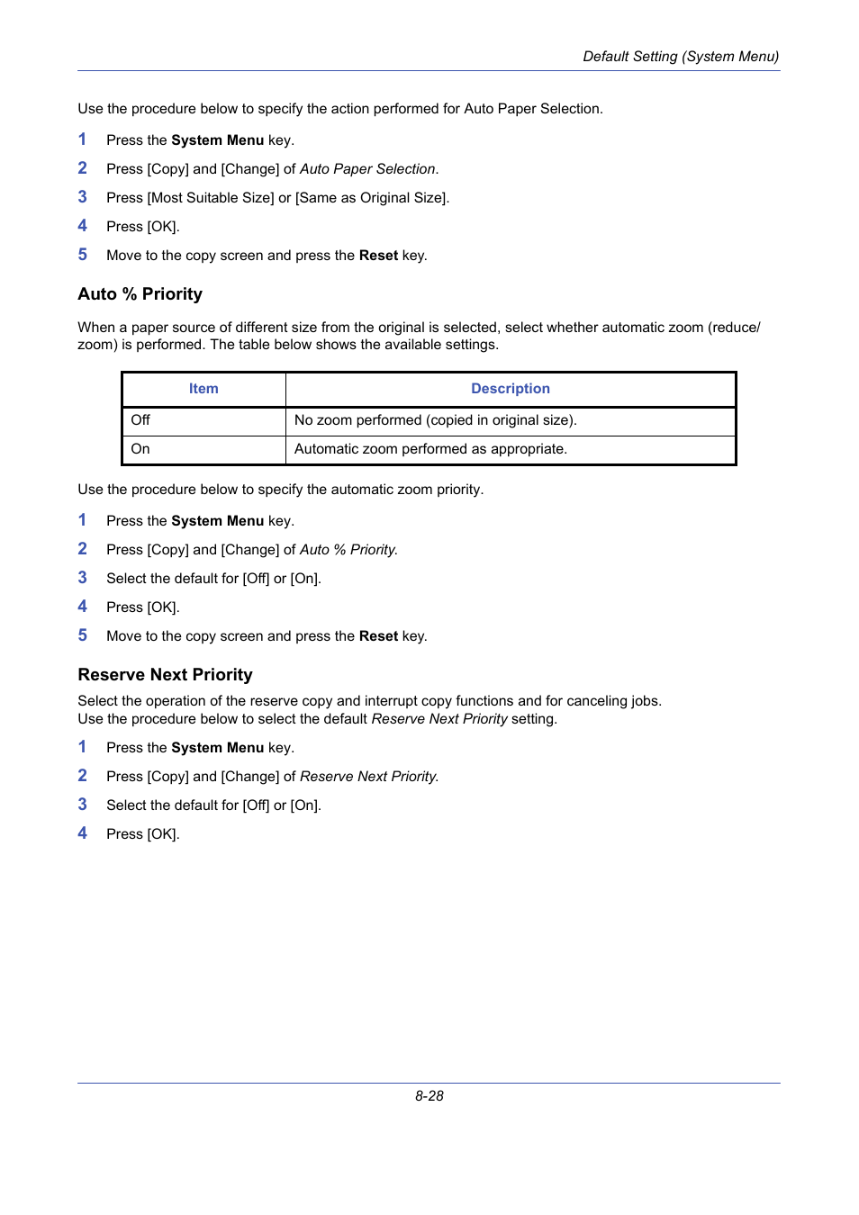 Auto % priority, Reserve next priority, Auto % priority …8-28 | Reserve next priority …8-28 | TA Triumph-Adler DCC 2725 User Manual | Page 268 / 436