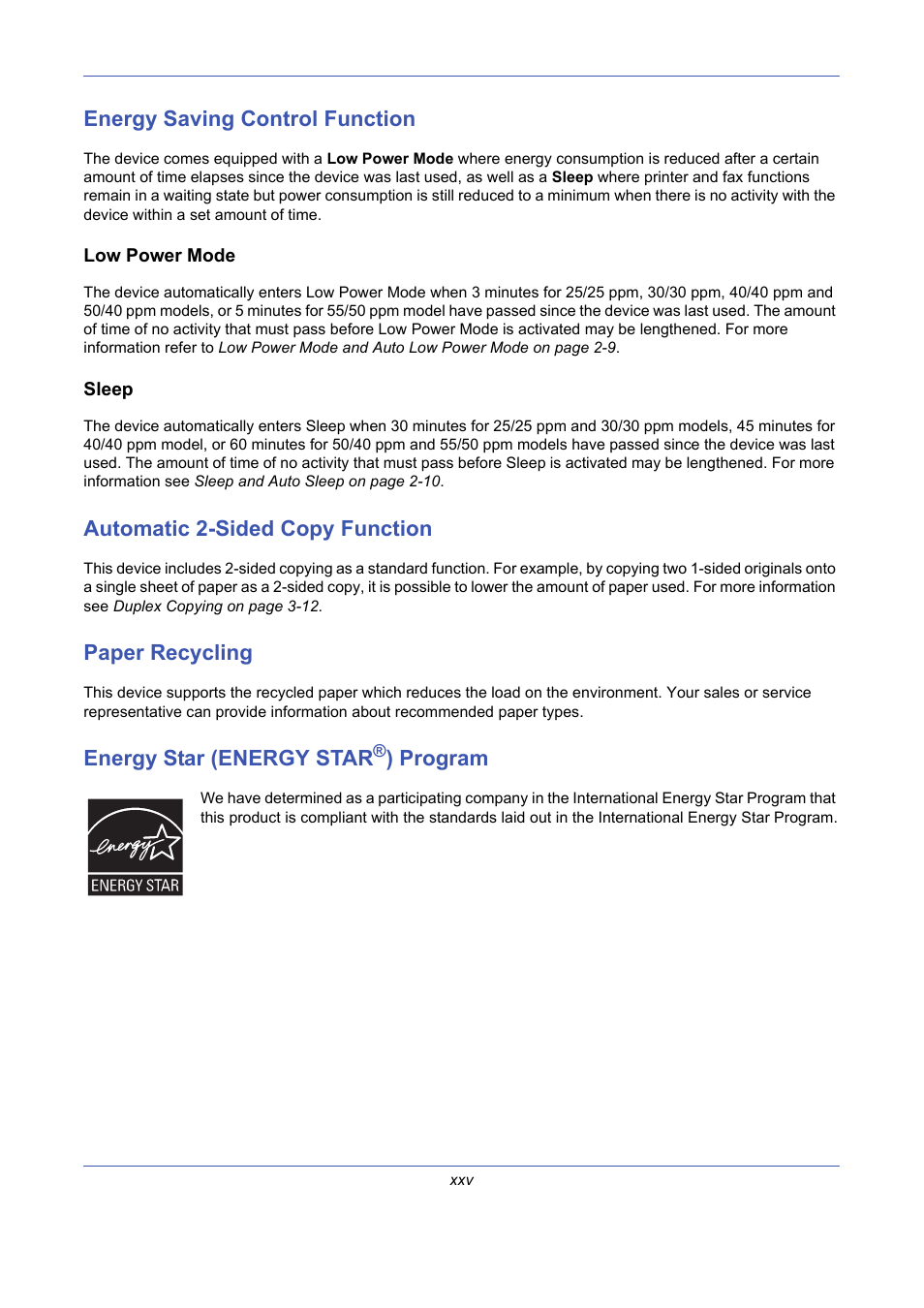 Energy saving control function, Automatic 2-sided copy function, Paper recycling | Energy star (energy star®) program, Energy star (energy star, Program | TA Triumph-Adler DCC 2725 User Manual | Page 27 / 436