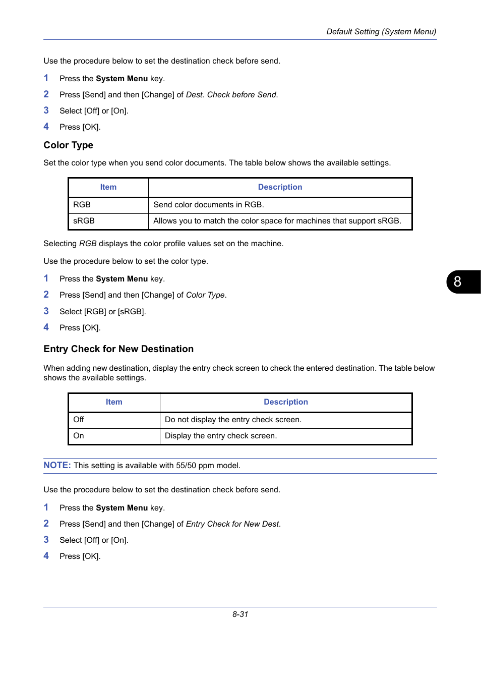 Color type, Entry check for new destination, Entry check for new destination …8-31 | TA Triumph-Adler DCC 2725 User Manual | Page 271 / 436