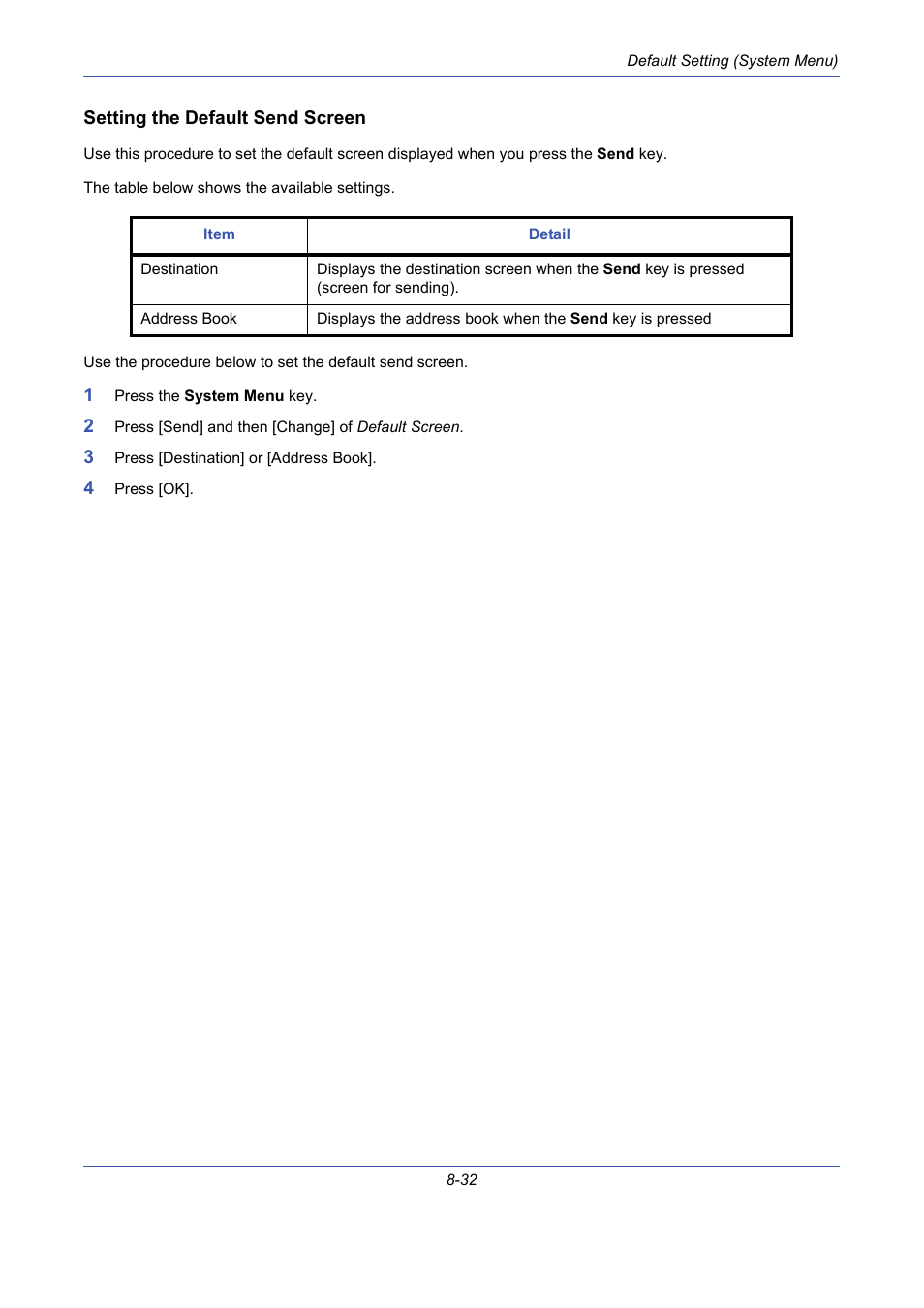 Setting the default send screen, Setting the default send screen …8-32 | TA Triumph-Adler DCC 2725 User Manual | Page 272 / 436