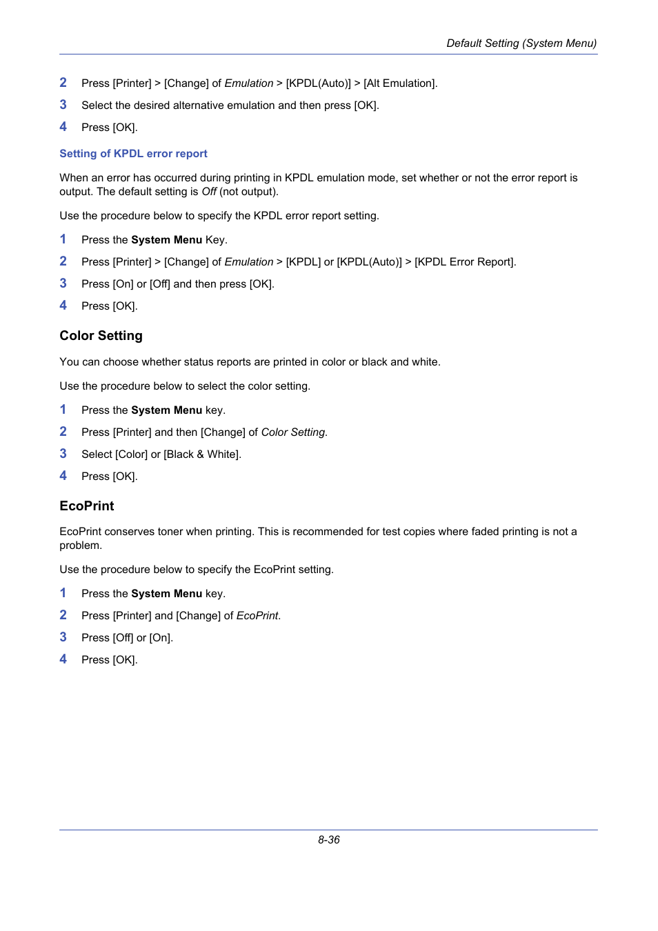 Color setting, Ecoprint, Color setting …8-36 | Ecoprint …8-36 | TA Triumph-Adler DCC 2725 User Manual | Page 276 / 436