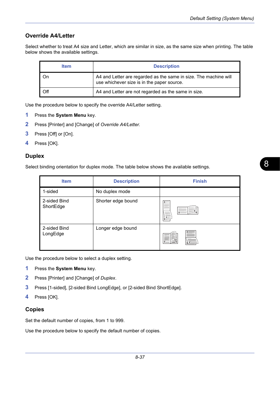 Override a4/letter, Duplex, Copies | Override a4/letter …8-37, Duplex …8-37, Copies …8-37 | TA Triumph-Adler DCC 2725 User Manual | Page 277 / 436