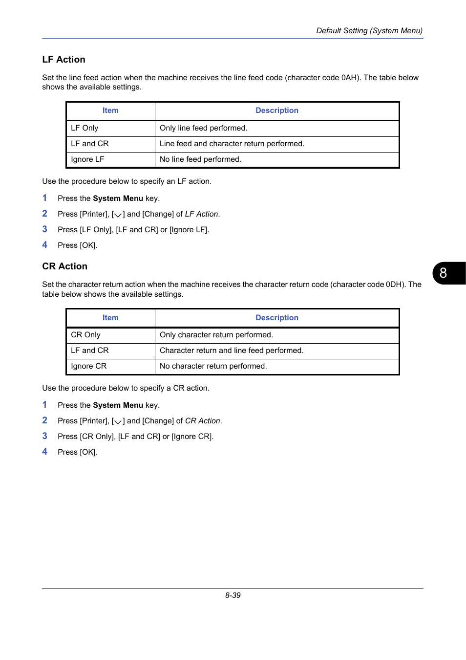 Lf action, Cr action, Lf action …8-39 | Cr action …8-39 | TA Triumph-Adler DCC 2725 User Manual | Page 279 / 436
