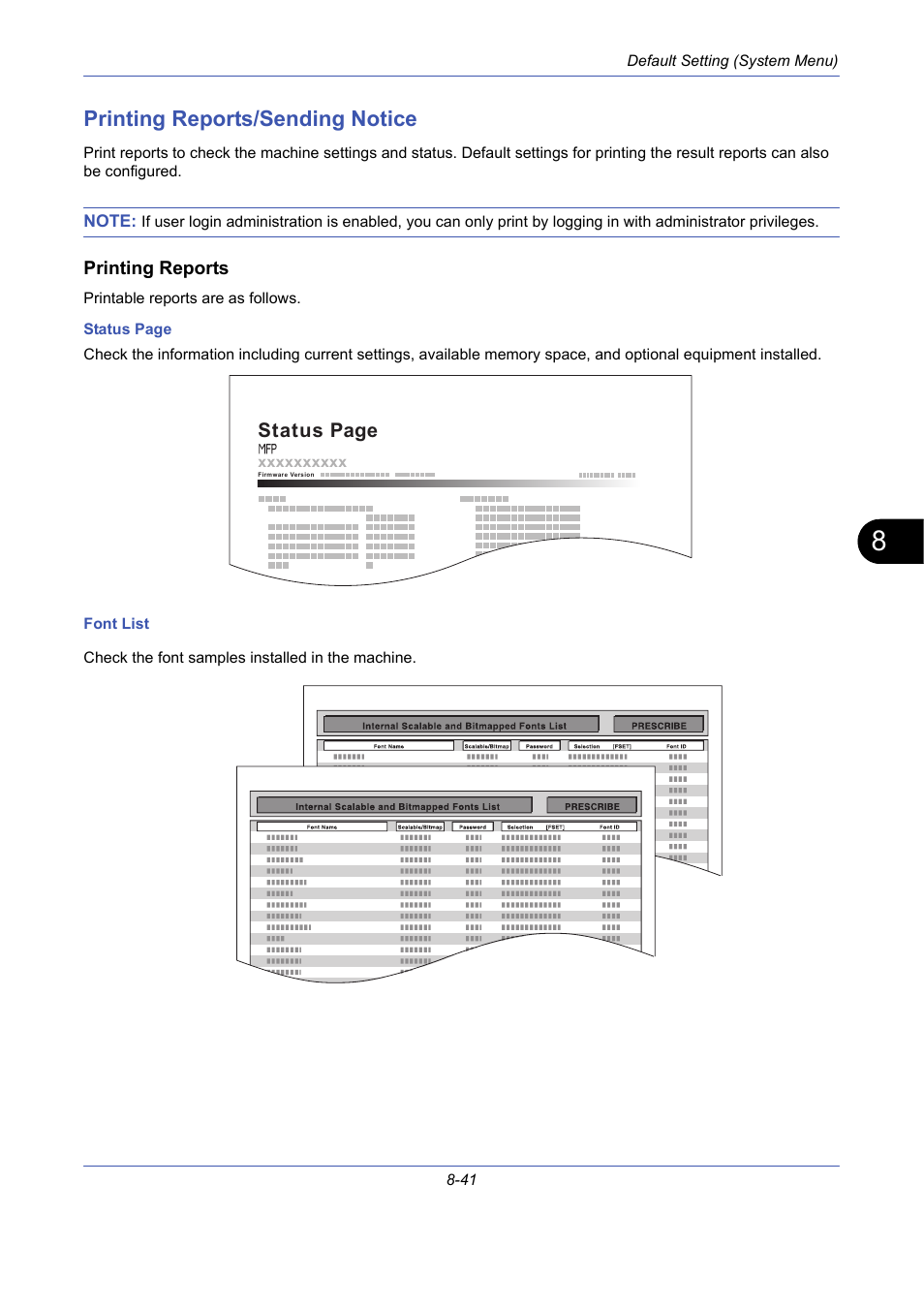 Printing reports/sending notice, Printing reports, Printing reports/sending notice -41 | Status page | TA Triumph-Adler DCC 2725 User Manual | Page 281 / 436