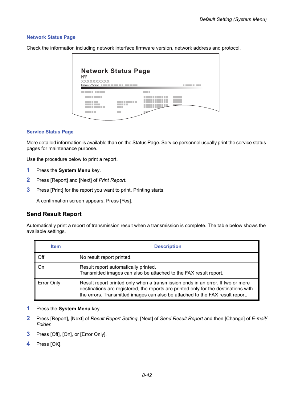 Send result report, Network status page | TA Triumph-Adler DCC 2725 User Manual | Page 282 / 436