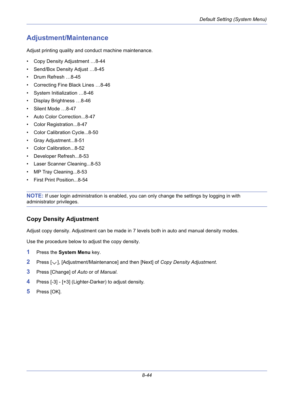 Adjustment/maintenance, Copy density adjustment, Adjustment/maintenance -44 | TA Triumph-Adler DCC 2725 User Manual | Page 284 / 436
