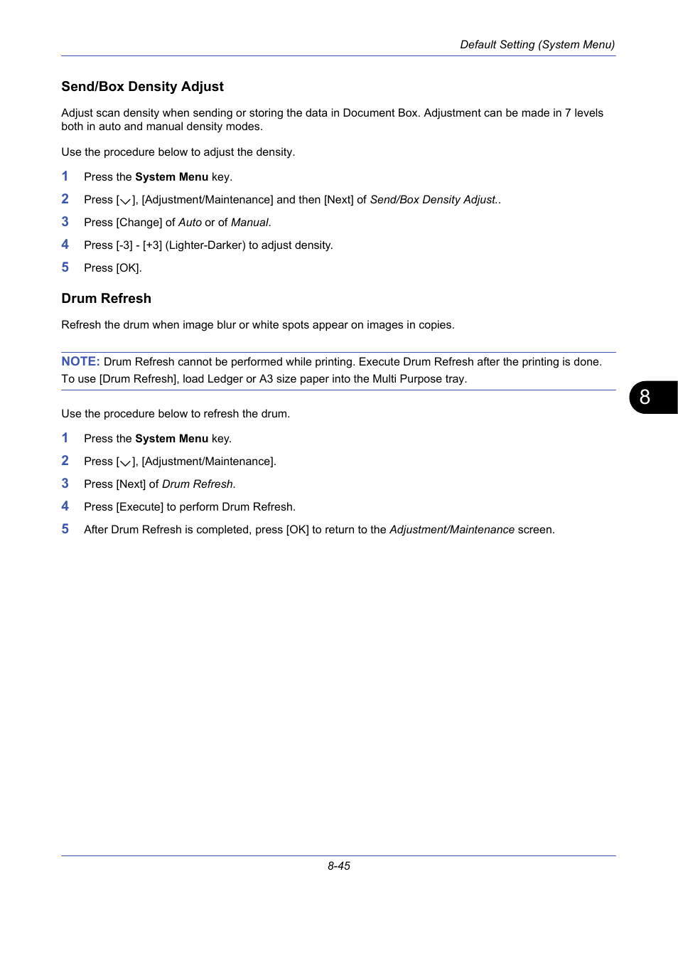 Send/box density adjust, Drum refresh, Send/box density adjust …8-45 | TA Triumph-Adler DCC 2725 User Manual | Page 285 / 436